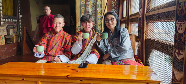 At Trongsa Dzong with our beloved and respected principal, Madam Deki Choden, sipping Nga ja, a sweet tea.