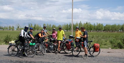 German cycling group in Kyrgyzstan, on a tour from Europe to Beijing.