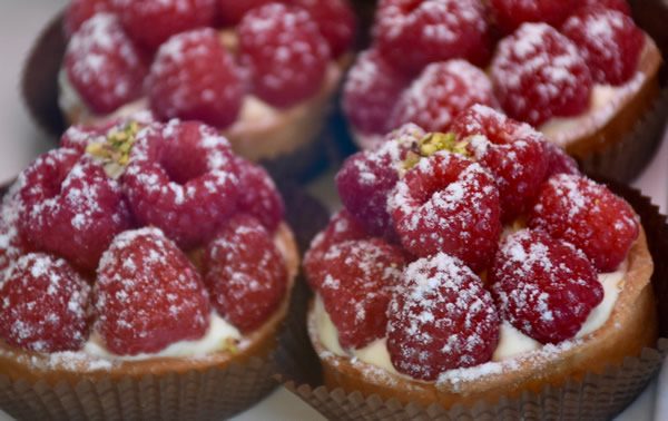 Raspberry tarts from the patisserie 'Hélène des Iles'.