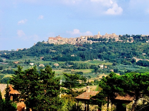 A view from below of Montepulciano, Tuscany, Italy.