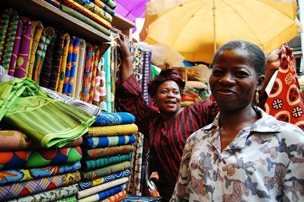 Balogun Market ankara vendors in Lagos, Nigeria.