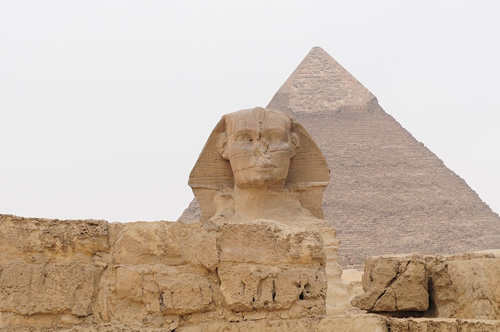 The Sphinx and pyramid near Cairo, Egpyt.