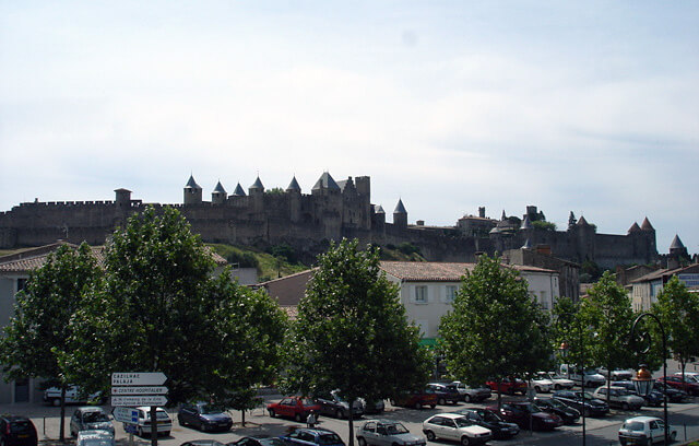 The fortified city of Carcassonne is in the distance.