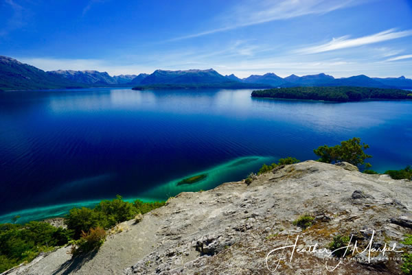 Bariloche lakes, islands, and mountains in the background.