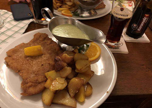 Schnitzel with green sauce and potatoes (very German)