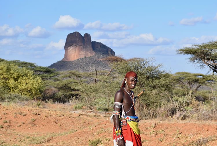 Samburu warrior at 'Sabache Camp,' at the foot of Mount Ololokwe in northern Kenya.