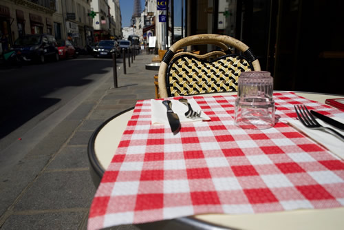 Sidewalk seating at of the student-oriented budget restaurants in Paris