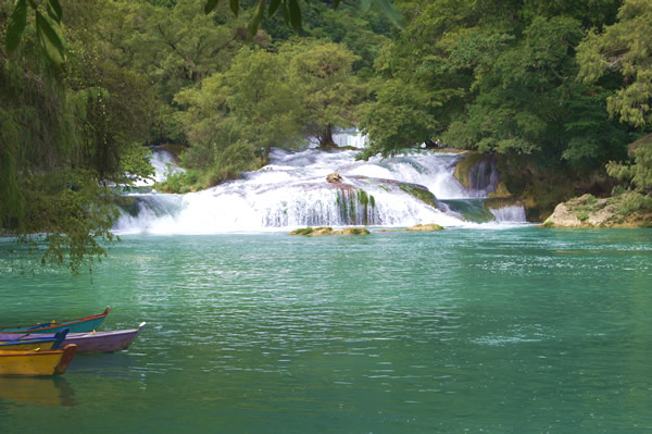 Jungle river full of waterfalls in the Huasteca Potosina region of Mexico
