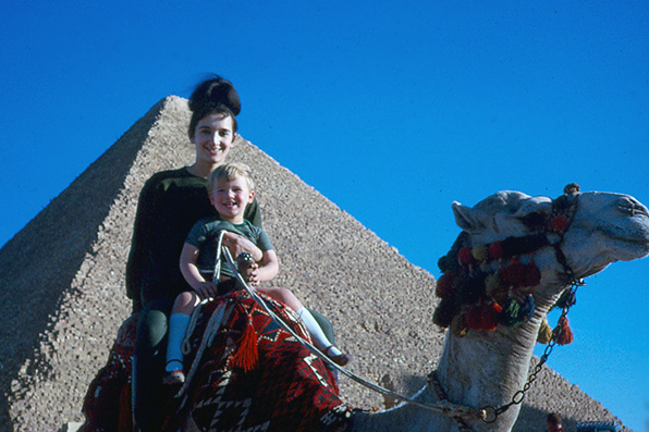 Gregory Hubbs on a camel with his mother in Valley of Kings, Egypt.
