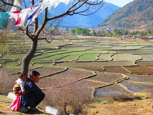 Mother gazing over the farmlands in Bhutan