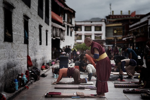 Monks praying in Lhasa, Tibet.