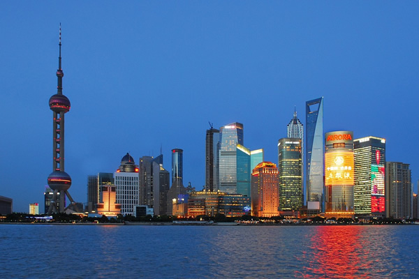 The Shanghai skyline at night.