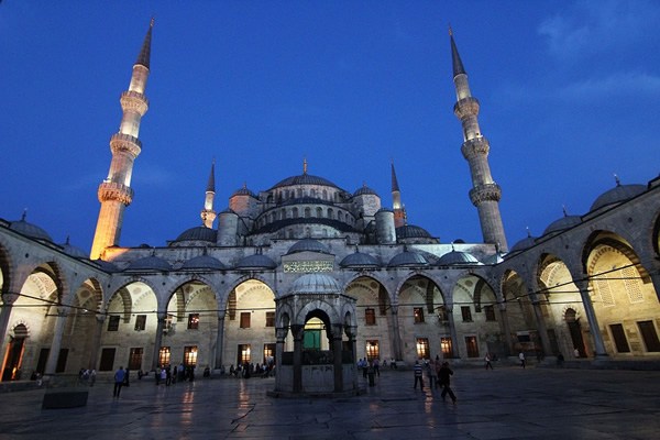 Evening view of the Blue Mosque in Istanbul.