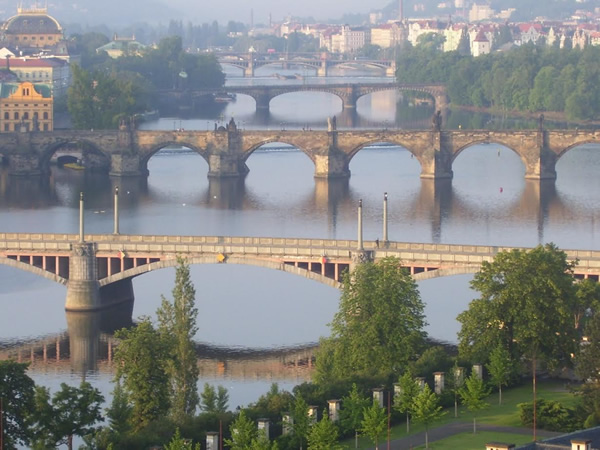 View of a bridge in Prague, a city of bridges.