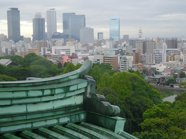 Skyline of Nagoya, Japan as seen from a castle.