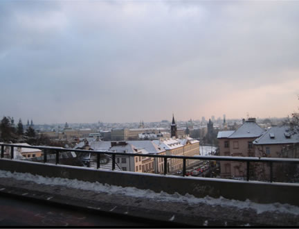 A view of a grey Prague during the winter.