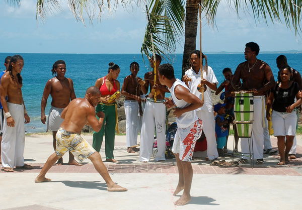 Capoeira demonstration at the beach in Brazil.