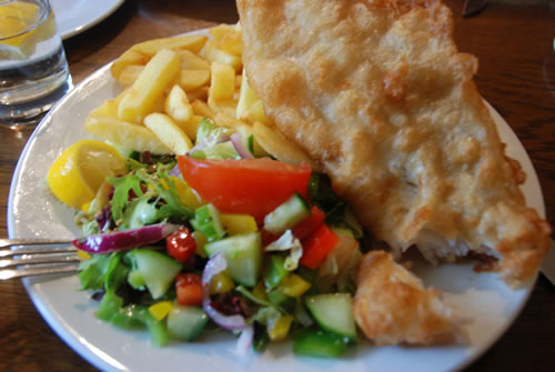 Fish and chips at Dores Inn, Loch Ness, Scotland.