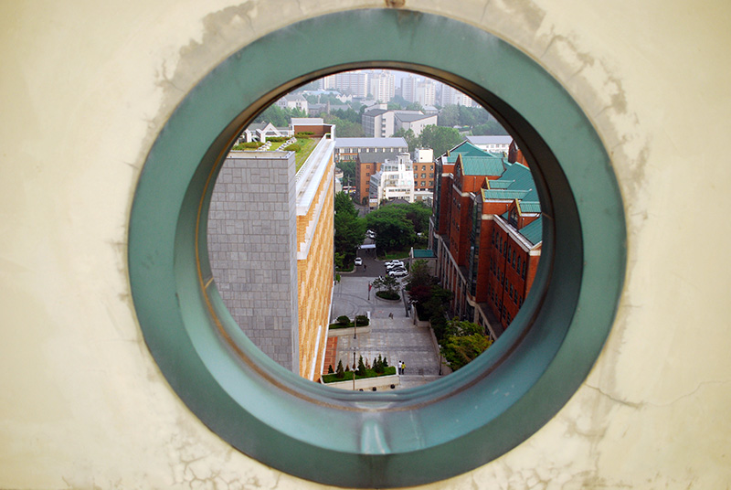 Graduate school at Yonsei University, Seoul, South Korea seen through a window above.