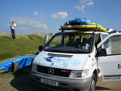 Surfboards loaded on van in Cornwall