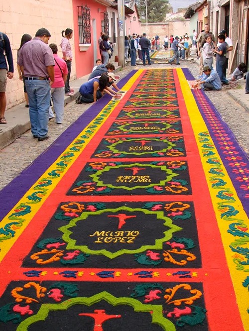 Alfombras rugs spread across the streets of Antigua, Guatemala.