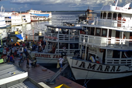 Boats with passengers at the port of Manaus in the Amazon.