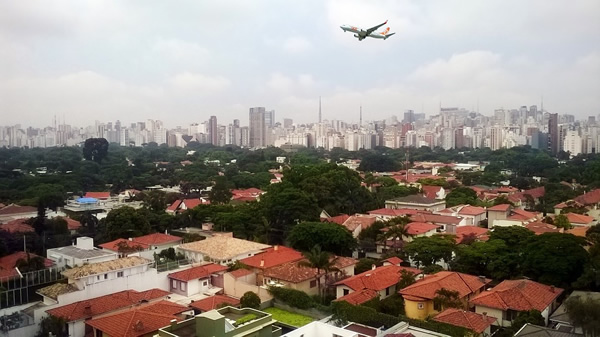 An airplane landing in Sao Paulo, Brazil