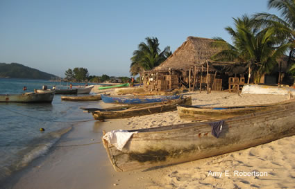 Canoes on beach in Honduras