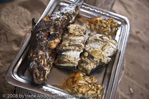 Fish cooked on tray at Yoff, Dakar.