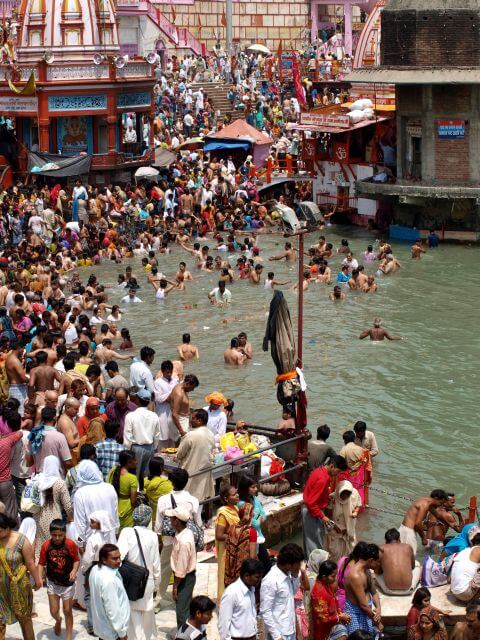 Crowds bathing at the Kumbh Mela festival in India.