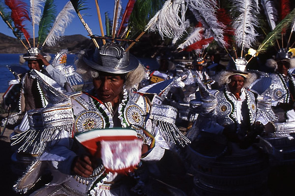 Morenada dancers, Island of the Sun, Lake Titicaca