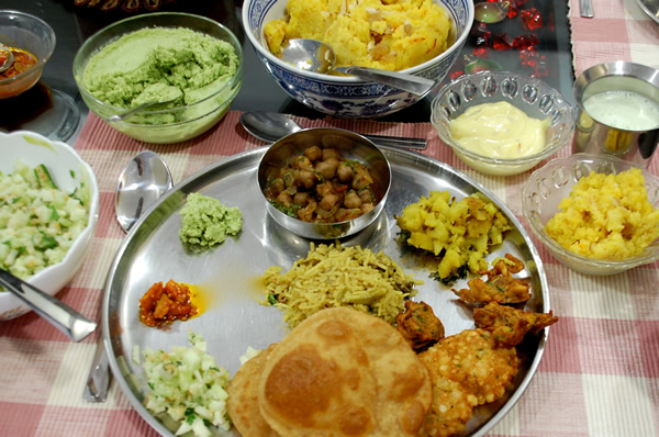 Delicious vegetable thali plate with many foods