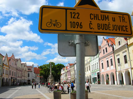 Cycling signs in Trebon's main square.