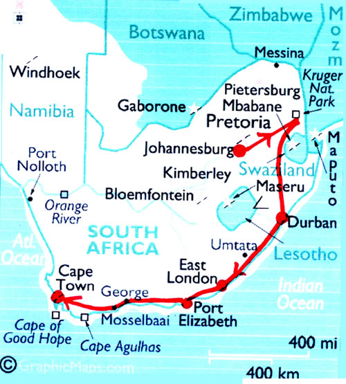 Map of South African itinerary.
