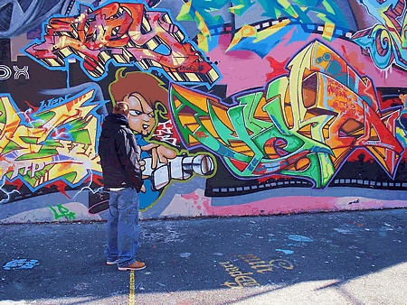 Sons checking out graffiti art