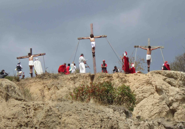 Re-enactment of Crucifixion scene on top of hill.