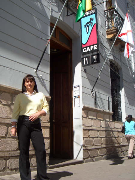 In front of Joy Ride Cafe in Sucre Bolivia