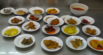 Padang dishes in a restaurant in Indonesia.