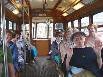 Women riding bus in Lisbon, Portugal