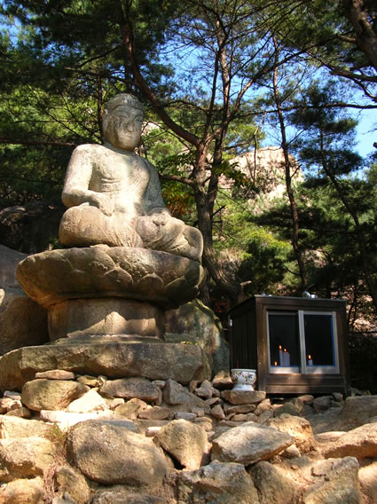 South Korean large Buddha outside in woods.