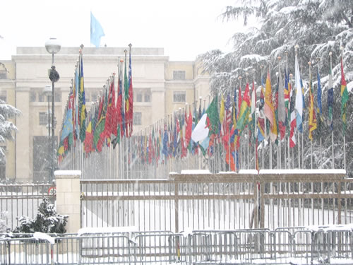 United Nations building in snow in Geneva, Switzerland