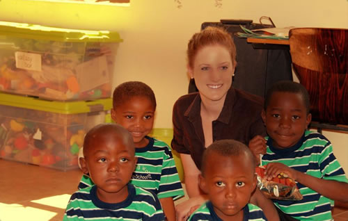 Teacher Morgan with her class in Namibia.