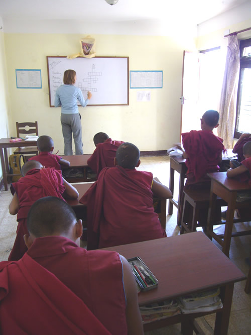 In a classroom teaching English to young monks in Nepal