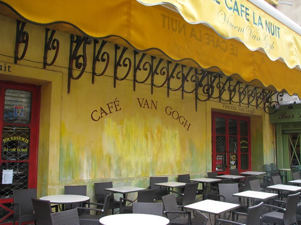 Van Gogh cafe in Arles, which is still bustles under the stars at night.
