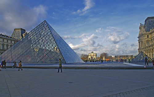 The pyramid entrance to the Louvre in Paris.