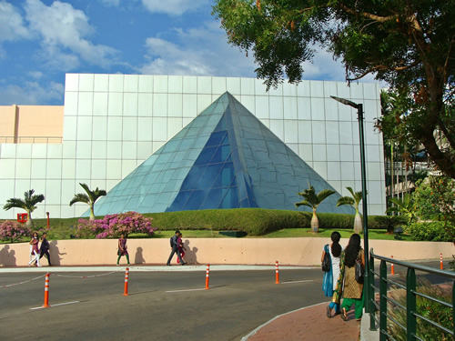A pyramid in front of an office building at Infosys in Bangalore, India.