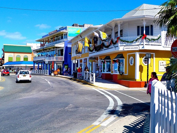 Town road with shops in the Cayman Islands.