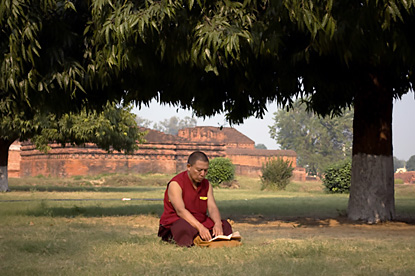 A monk reading from a sacred text under trees in Naladna, India.