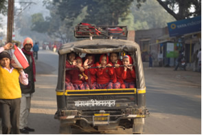 Bus filled with children, Bodh Gaya, India.