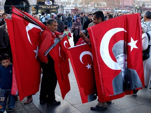 Men with flags in Istanbul.